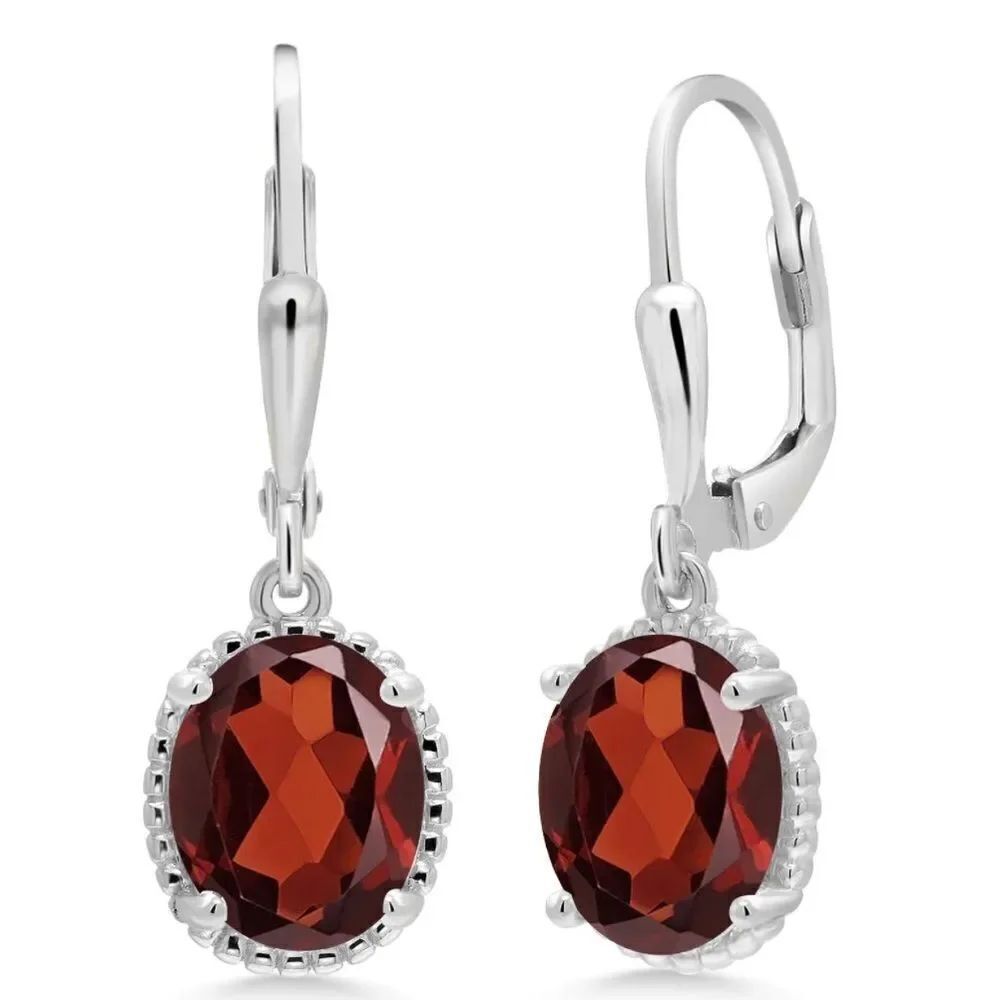 925 Sterling Silver with 4.25 Cttw Red Garnet Oval Leverback Hook Earrings
